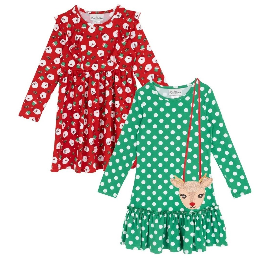 Rare Edition Girls Christmas Dress Set 2T Red Santa Green Reindeer Polka Dot